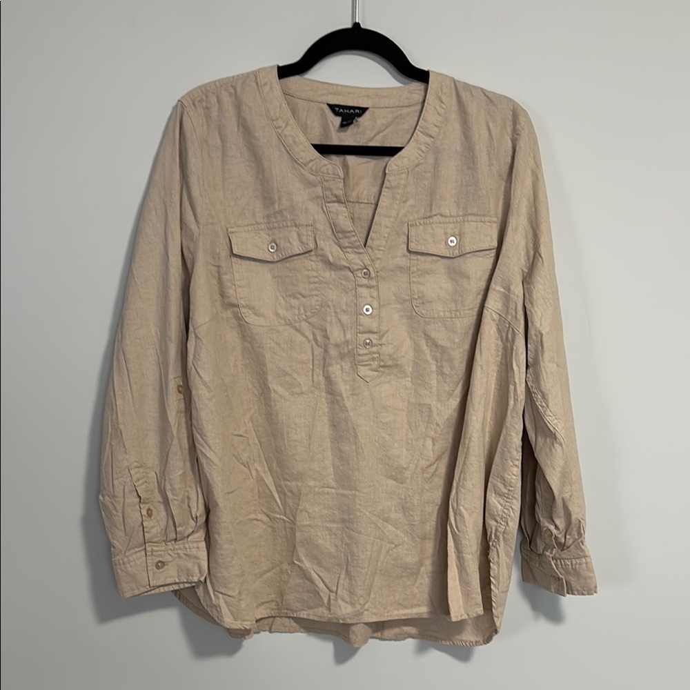 Tahari Linen Blend Long Sleeve 1/4 Button V-Neck Top Tan 1X - Picture 2 of 13